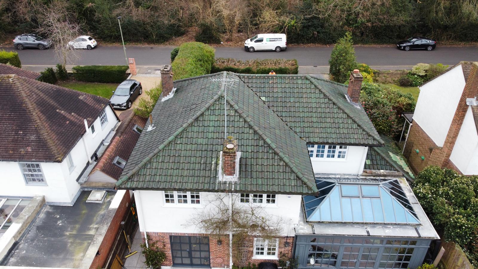 in Kent Maidstone drone view of roof done by Lux & Bucks Roofing Services before